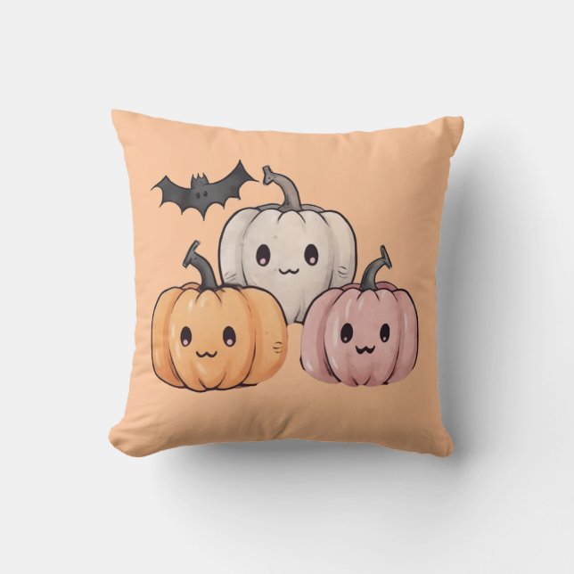 Coussin Trois citrouilles mignonnes Halloween orange clair (Recto)