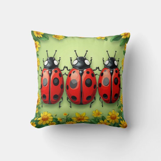 Coussin Trois coccinelles adorables entourées de fleurs (Recto)