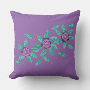 Coussin Trois Fleurs violettes Feuilles verts Jeter des or