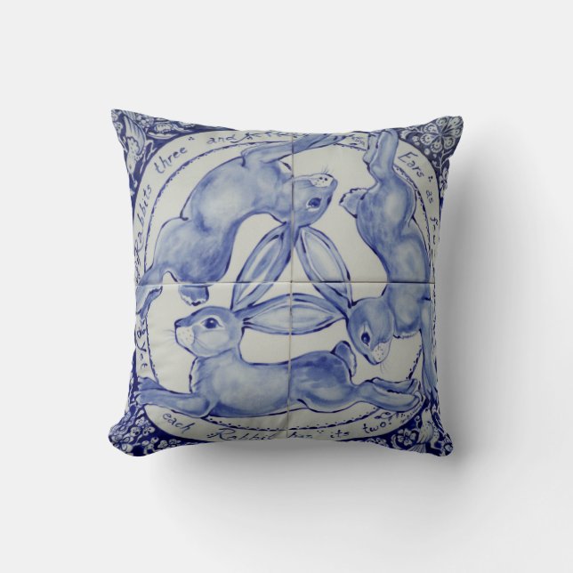 Coussin Trois Hares Rabbit Bleu et blanc Médaillon Oiseau (Recto)
