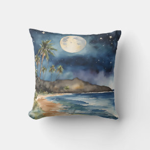Coussin Tropical Beach Night Sky Moon Stars Aquarelles