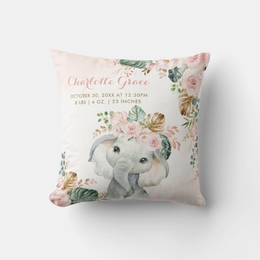 Coussin Tropical Blush Floral Elephant Baby Stats de naiss (Recto)