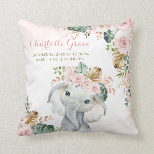 Coussin Tropical Blush Floral Elephant Baby Stats de naiss