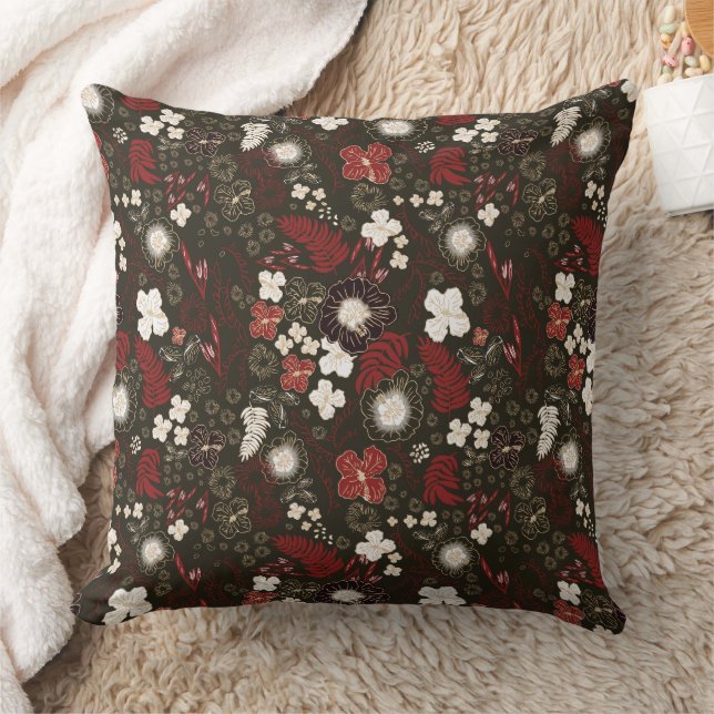 Coussin Tropical Christmas Red Sage Black Hibiscus Floral (Couverture)