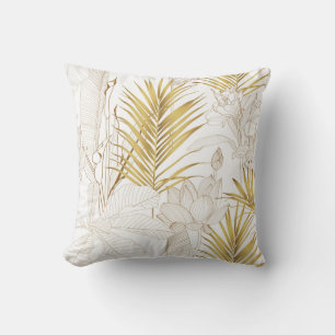 Coussin Tropical exotic floral line golden palm leaves and