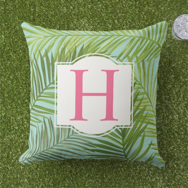 Coussin Tropical Feuille de Palmier Vert Aqua Monogramme I (Herbe)