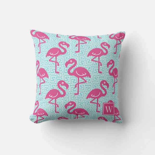 Coussin Tropical Flamingo Clé Grecque - Monogramme Rose &  (Recto)