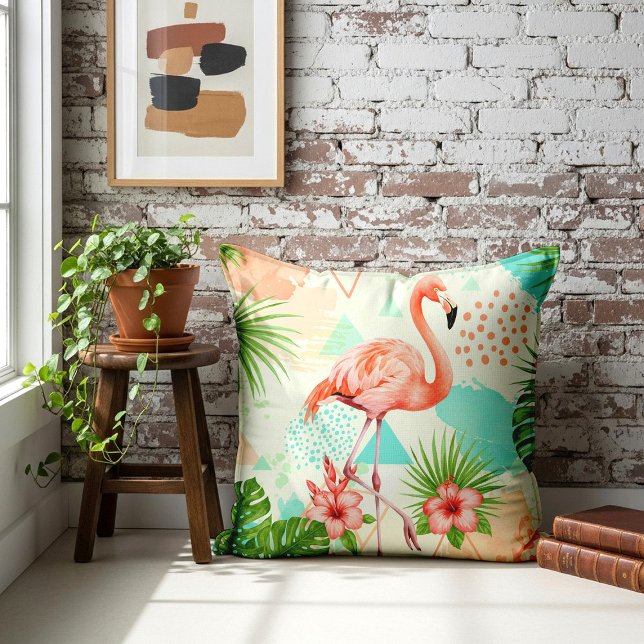 Coussin Tropical Flamingo Watercolor & Geometric Pattern (Créateur téléchargé)