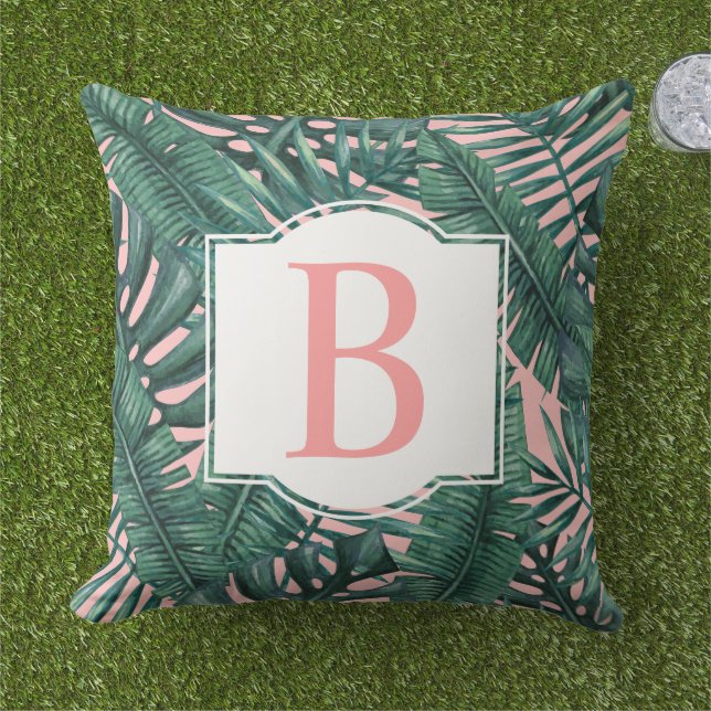Coussin Tropical Foncé Feuille de Palmier Rouge Monogramme (Herbe)