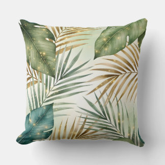 Coussin Tropical Green & Gold Leaves Decorative Pillow