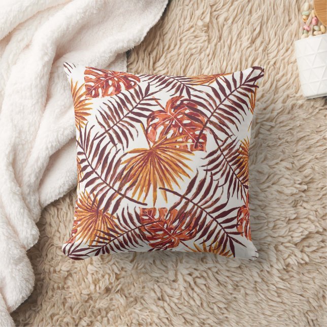 Coussin Tropical Orange Brown Palm Feuille Aquarelle Art (Couverture)