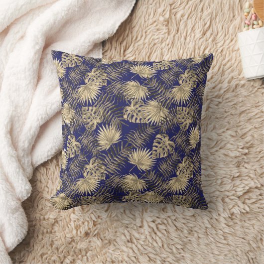 Coussin Tropical Palm Tree Feuille Motif Bleu foncé Or (Couverture)