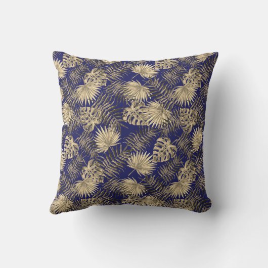 Coussin Tropical Palm Tree Feuille Motif Bleu foncé Or (Verso)