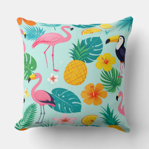 Coussin Tropical Paradise Pattern - Flamingos Hibiscus Mon