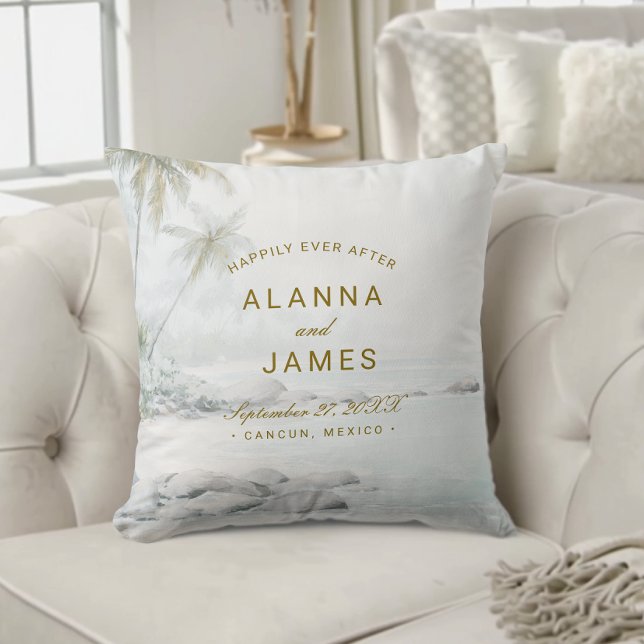 Coussin Tropical Watercolor Beach Wedding Photo Pillow (Beach-themed wedding pillow with “Alanna and James” and date text on a cream tufted sofa.)