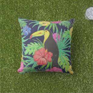 Coussin Tucan tropical et forêt tropicale Feuille