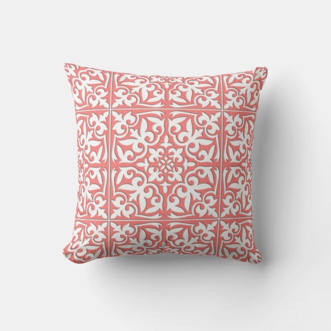Coussin Tuile marocaine - rose de corail et blanc (Recto)