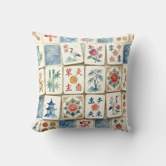 Coussin Tuiles de Mahjong Chinoiserie Fleurs Aquarelles Oi