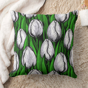 Coussin Tulières blanches avec feuilles verts