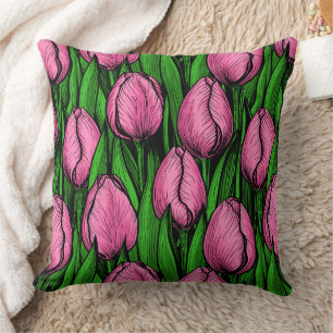 Coussin Tulières roses avec feuilles verts