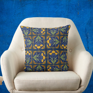 Coussin Tulipe jaune Art Nouveau sur motif de carreaux ble
