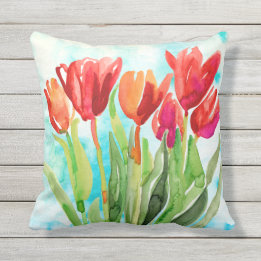 Coussin Tulipe rouge aquarelle sur l'oreiller à lancer Aqu