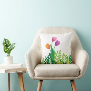 Coussin Tulipes Colorées et Végétation Verte