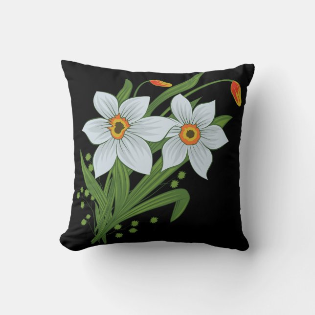 Coussin Tulipes et jonquilles Fleurs Fond noir (Recto)