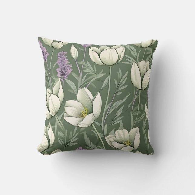 Coussin Tulipes Et Lavande Sur Vert (Recto)