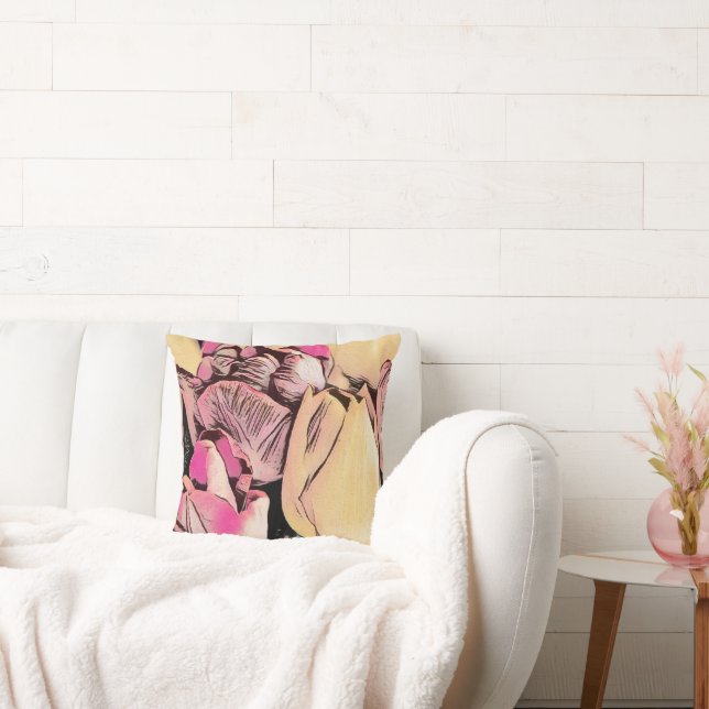 Coussin Tulipes rose rouge jaune Dessin rétro (Canapé)