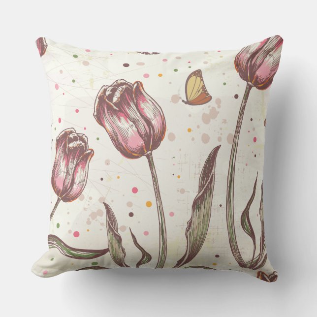 Coussin Tulipes vintages et papillons Lancer l'oreiller (Recto)