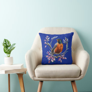 Coussin Turdus migratorius Entouré de Laurier des Montagne
