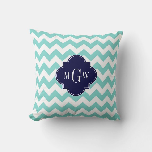 Coussin Turq / Aqua Blanc Chevron Navy 3 Monogramme Initia (Recto)