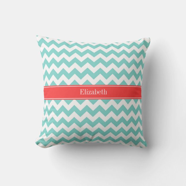 Coussin Turq / Aqua Wht Chevron Coral Nom rouge Monogramme (Recto)