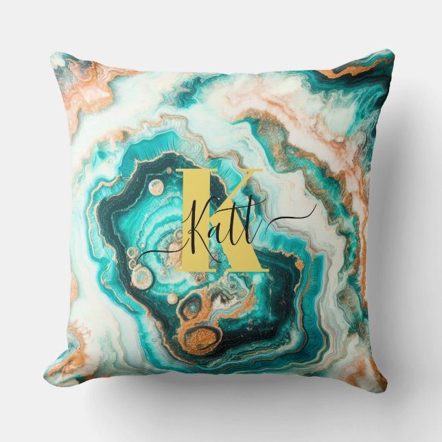 Coussin Turquoise Aqua Agate Golden Custom Monogramme mode (Recto)