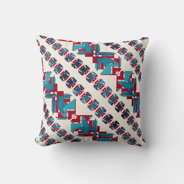 Coussin Turquoise Aqua Rouge Blanc Diagonal Méditerranée (Recto)