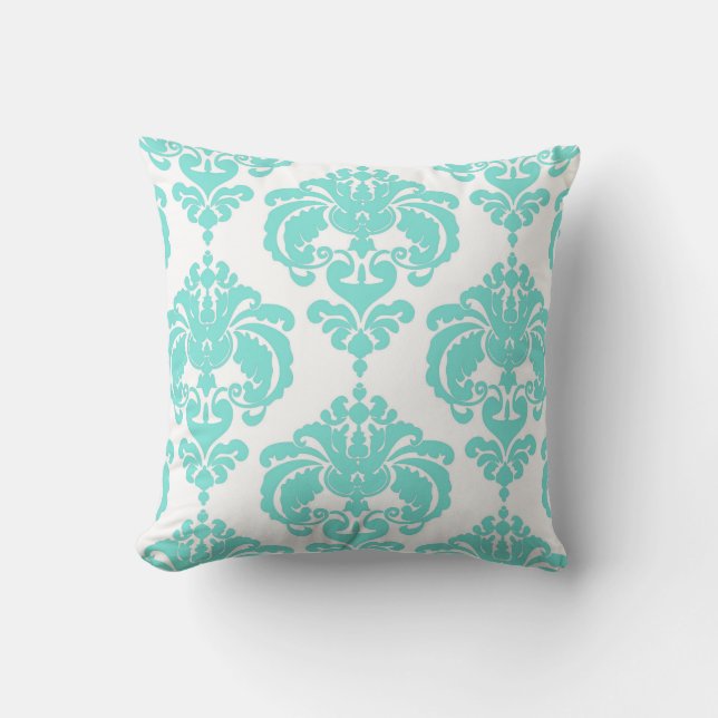 Coussin Turquoise & blanc Damask Chic Modern Elegant Motif (Recto)