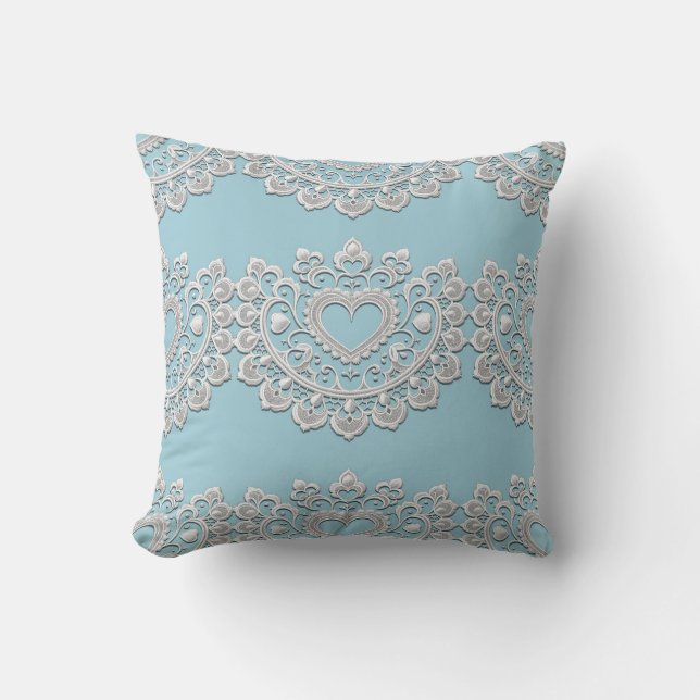 Coussin Turquoise Bleu Blanc Dentelle Cœur Mariage Mariée (Recto)