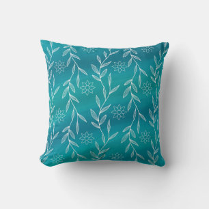 Coussin Turquoise Bleu Fleurs Blancs Feuille Foliage Botan