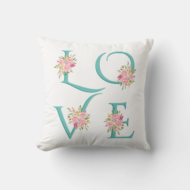 Coussin Turquoise bleu floral Loisirs typographie Valentin (Recto)
