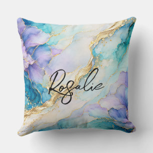 Coussin Turquoise Bleu Marbre Floral Abstrait Or 