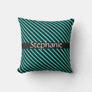 Coussin Turquoise Bleu Noir Blanc Personnalisé Nom Stripes