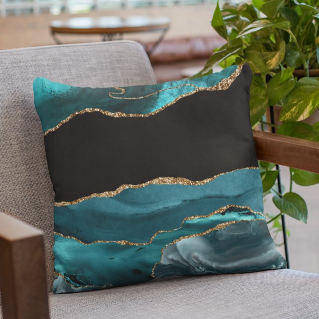 Coussin Turquoise Blue Agate Pierre Black Gold Foil (Créateur téléchargé)