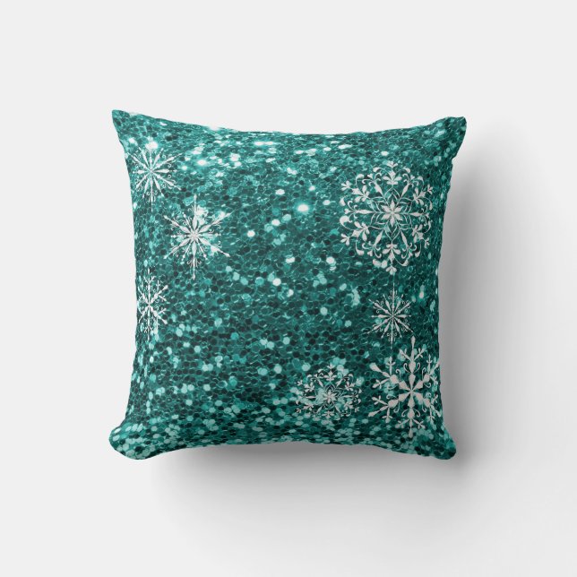 Coussin Turquoise Blue Snowflake Parties scintillant Noël (Recto)