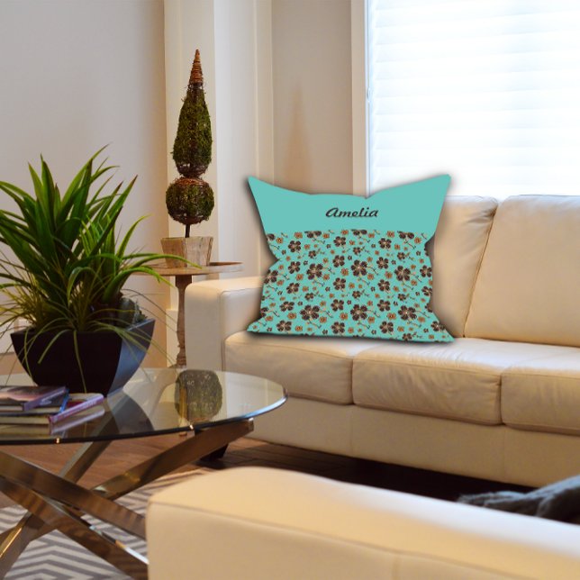 Coussin Turquoise Brown motif floral Nom du chalet (Créateur téléchargé)