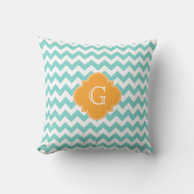 Coussin Turquoise Chevron Blanc Melon Quatrefeuille Monogr (Recto)