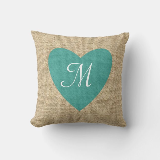 Coussin turquoise de monogramme de coeur de toile (Recto)