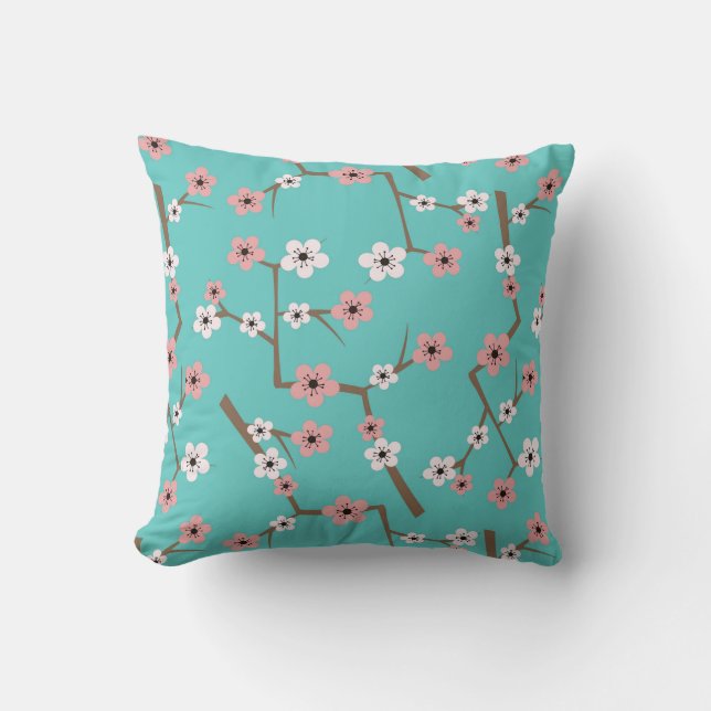 Coussin Turquoise de motif de fleurs de cerisier (Recto)
