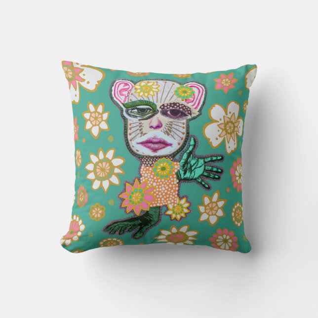 Coussin Turquoise Drollery Motif par Natalie Schorr (Recto)