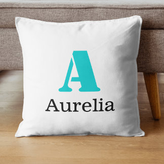 Coussin Turquoise Élégant Initial Noir Nom | Moderne